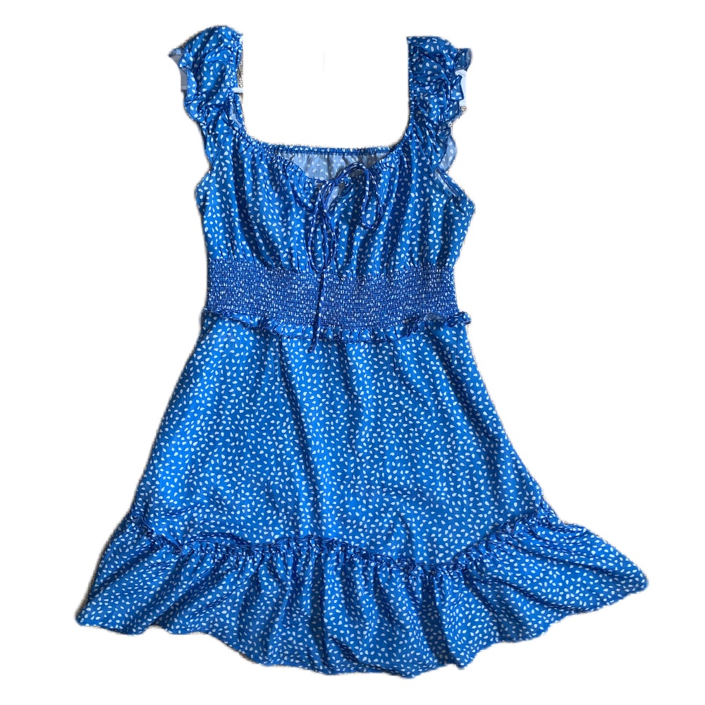 Blue Patterned Mini Dress Off the Shoulder Rouched Waiste Ruffle Hem Milkmaid
